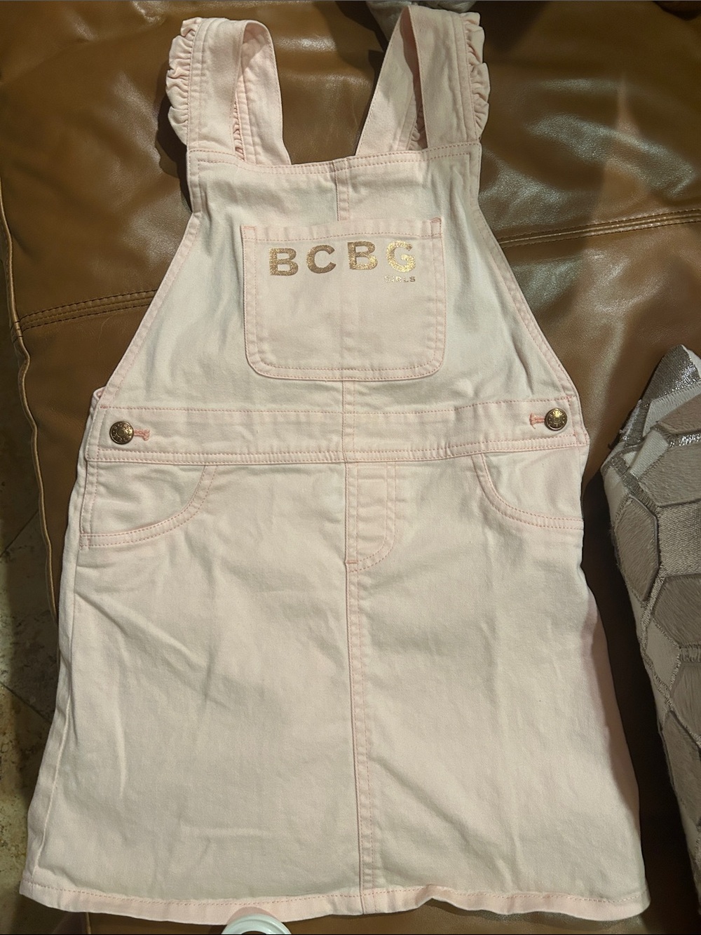 BCBG Light Pink Girls' 6X Overall Dress with Gold Logo